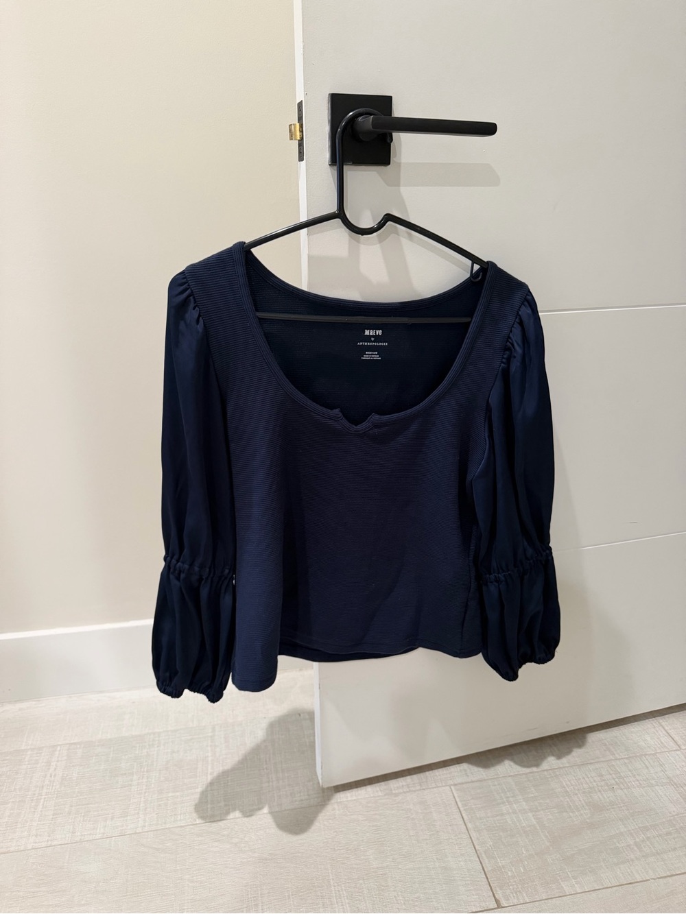 Navy Puff-Sleeve Scoop Neck Top